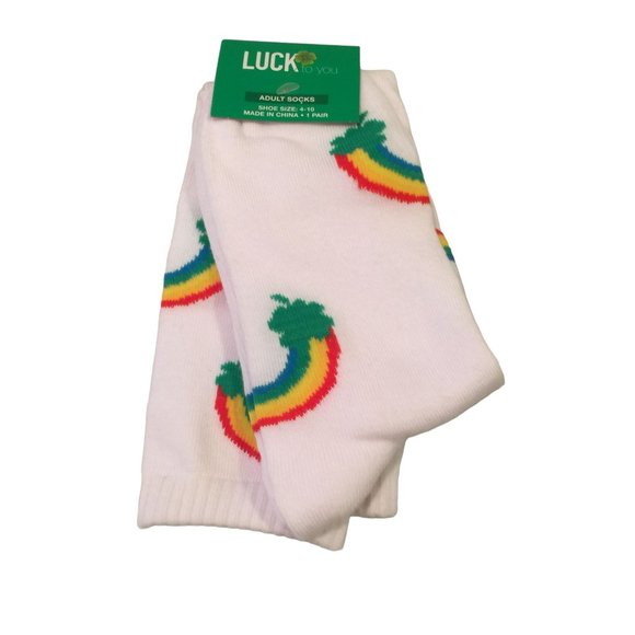 LUCK TO YOU Ladies KneeHigh St Patrick Day Socks Size 4-10 White Rainbow - Picture 1 of 4